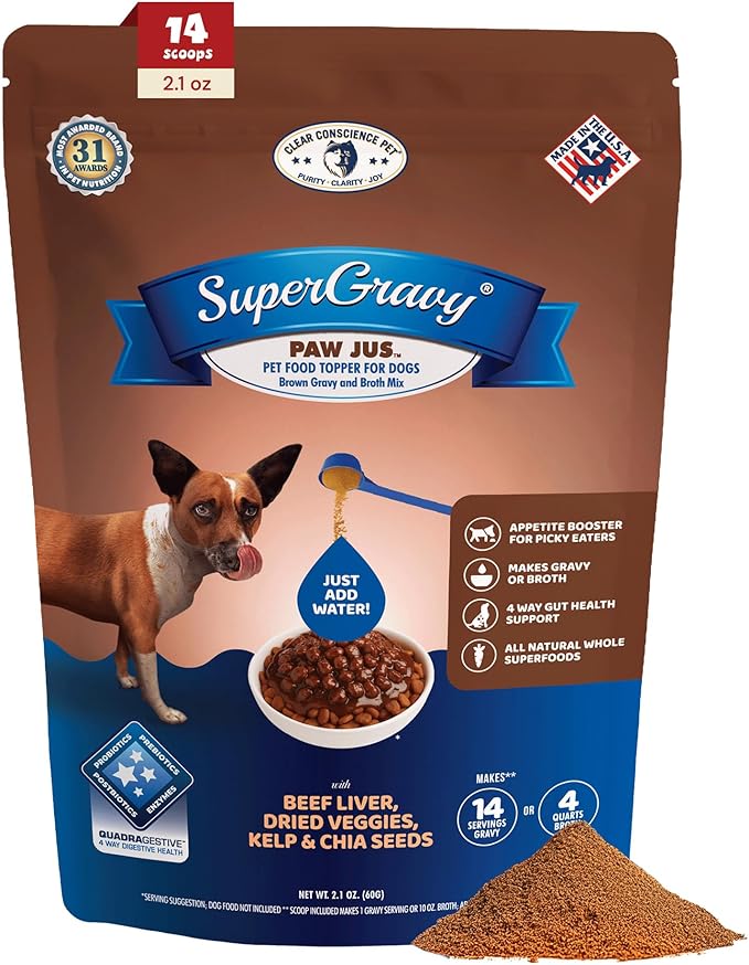 CLEAR CONSCIENCE PET® Paw Jus SuperGravy® Dog Food Topper Hydration Broth Mix Greek Yogurt Cheese Blend Kibble Seasoning Probiotics Prebiotics Enzymes Taurine, 2.1 oz. 14 Scoops All Life Stage