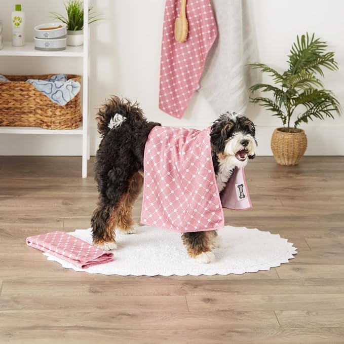 Bone Dry Pet Grooming Towel Collection Absorbent Microfiber X-Large, 41x23.5", Trellis Hunter Green