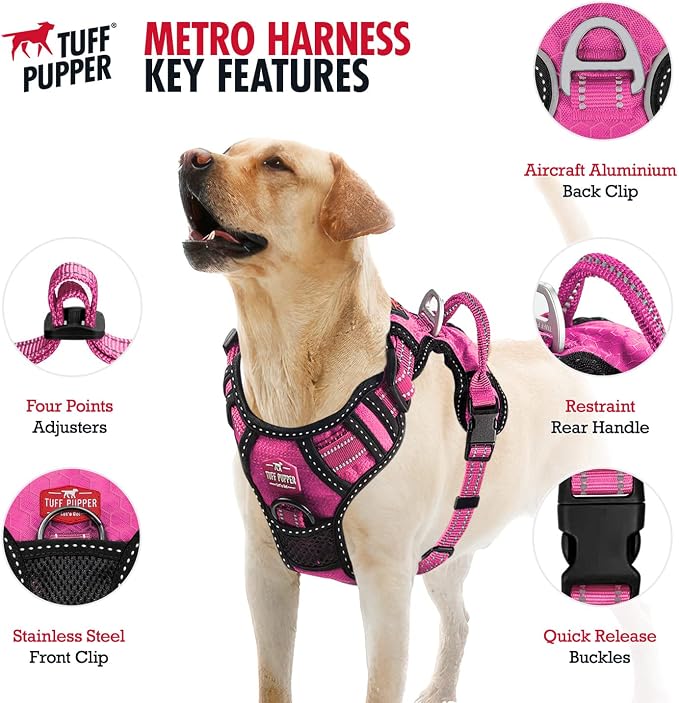 Tuff Pupper No Pull Easy Walk Dog Harness | Heavy Duty Pet Vest | Front & Back Leash Clips | Strong Safety Handle | Reflective Anti Pull Vest | Comfortable Padded Escape Proof Harness (Medium, Pink)