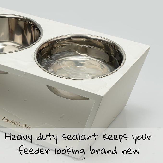 Pawfect Pets Elevated Dog Bowl Stand- 7" Raised Dog Bowl for Medium Dogs. Pet Feeder with Four Stainless Steel Bowls (White)