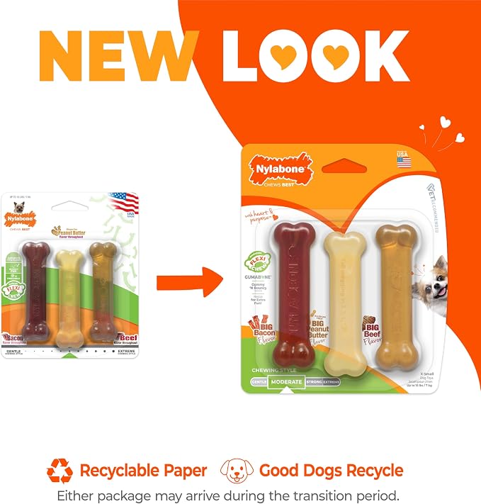 Nylabone Flexi Chew Original Bone Dog Chew Toys, X-Small, 3 Count | Bacon, peanut butter, & beef flavor, dog toys for small dogs up to 15 lbs, flexible, gentle on teeth, great for seniors