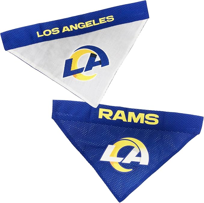 NFL DOG BANDANA - LOS ANGELES RAMS REVERSIBLE PET BANDANA. 2 Sided Sports Bandana with a PREMIUM Embroidery TEAM LOGO, Small/Medium. - 2 Sizes & 32 NFL Teams available