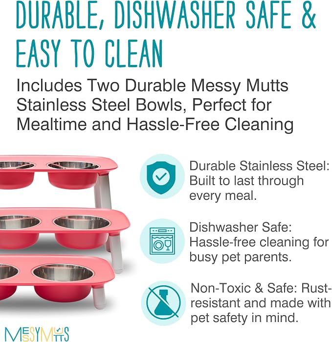 Messy Mutts Elevated Double Dog Feeder, Adjustable Height, Watermelon | Adjustable-Height Elevated Double Dog Feeder With Two 5 Cup Stainless Bowls, Legs Set To 3, 5, Or 10 Inches