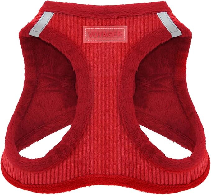 Voyager Step-in Plush Dog Vest Harness -Red Corduroy, Small | 14.5 - 16" in Chest, Soft Plush, Reflective Bands, Cold-Weather Harness, Cats Compatible. Step-In Style,
