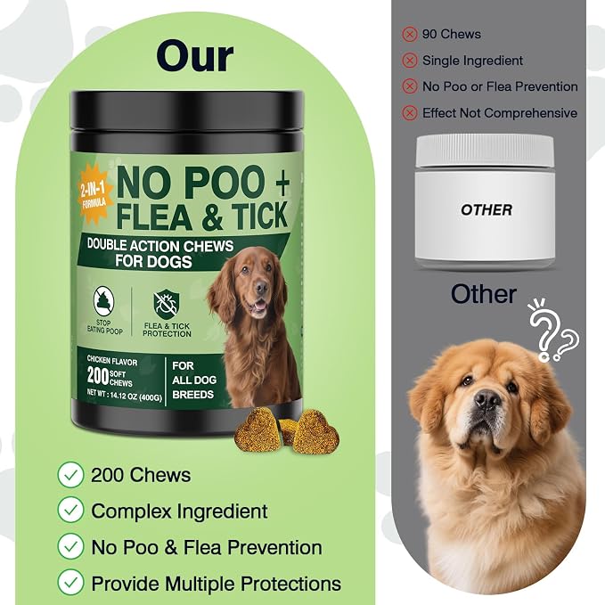 200 Chews Flea and Tick Prevention Chews-No Poo Chew for Dogs-2 in 1 Control Coprophagia & Flea Tick Supplement-Natural Soft Treats Deterrent Eat Poop with Digestive Enzymes Probiotics-Chicken