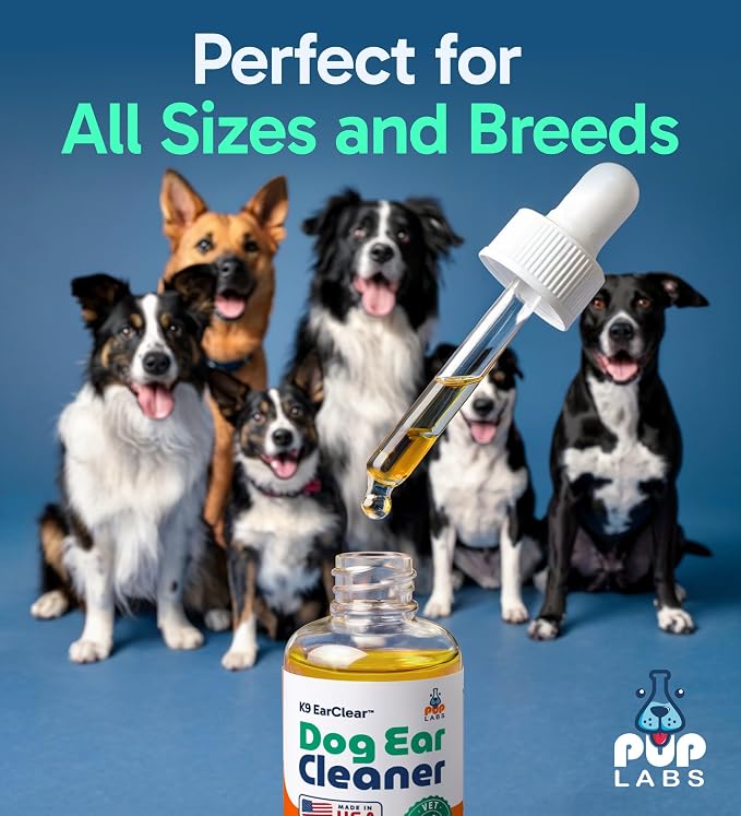 Pup Labs Ear Clear, Natural Dog Ear Cleaner and Infection Treatment for Dogs, Dog Drops for Itching, Irritation, & Wax Build-Up, 1 oz Bottle with Dropper