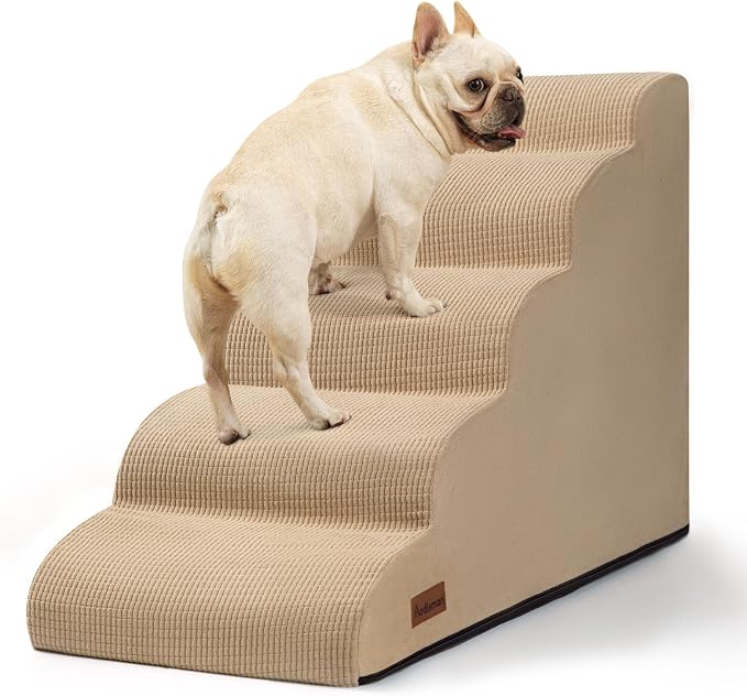 Aodisman 5-Step Dog Stairs and Ramp for High Bed, Non-Slip Sturdy Pet Steps for Small Dogs and Cats,22.2" H,Khaki