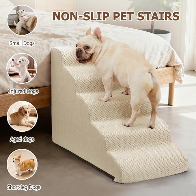 Aodisman Dog Stairs for Bed 22.4”H,5-Step Dog Ramp for Small Dogs & Cats,Pet Steps for Dogs to get on High Bed, Indoor Anti-Slip Pet Stairs for Old Cats and Puppy,Beige