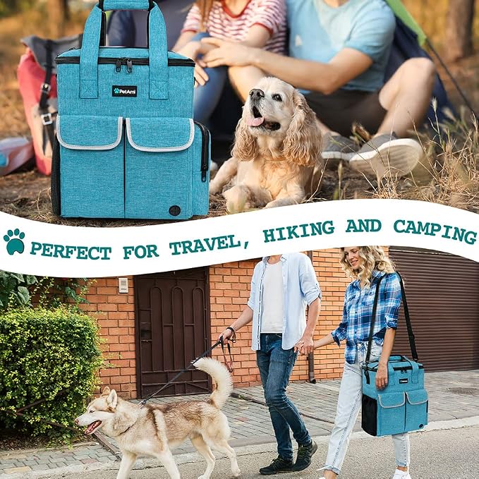PetAmi Dog Travel Bag Organizer with Food Containers & Bowls, Teal Blue