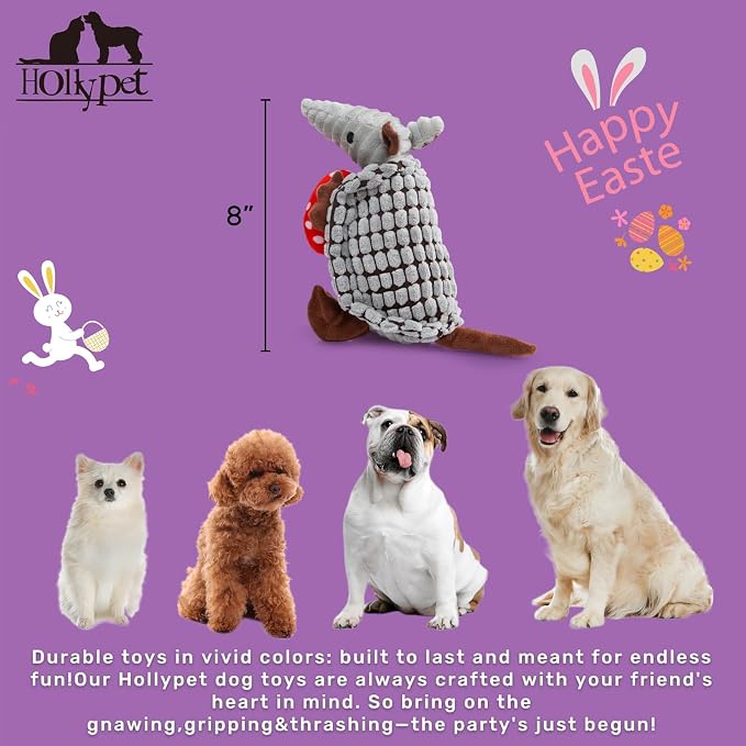 Hollypet Armadillo Squeaky Puppy Dog Toys for Small Medium Dogs, Red Egg | plush stuffed small dog squeak animal toy with unique grunt squeaker textured fabric for teeth cleaning toys