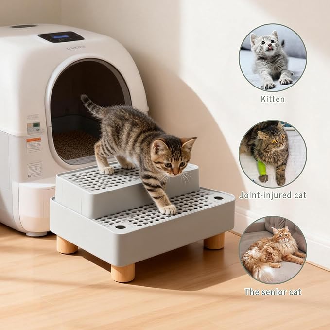 Elevated Cat Ramp for Litter Box, 2 Steps Cat Pedal Step Stool with Wooden Base, Detachable Double Layered Cats Litter Trapper, Suitable for Small&Elderly Cats, Non-Slip(Grey)