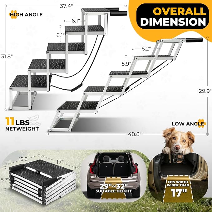 Auto Dynasty Dog Stairs for Large Dogs, 5 Step Foldable Dog Ramp for Car, Truck and SUV with Non-Slip Surface, Lightweight Pet Stairs Suitable for Sofas and Bed, Supports Up to 150 lbs