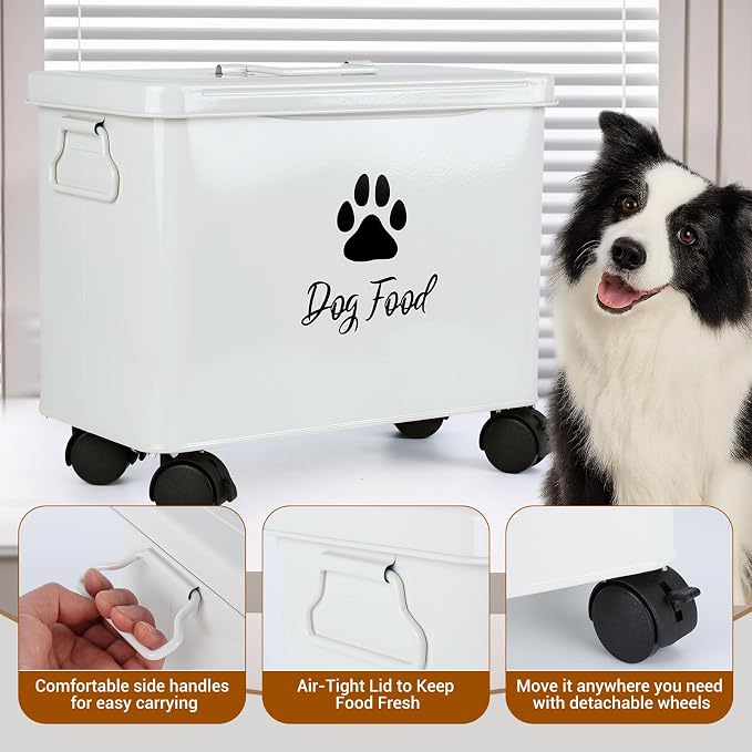 Dog Food Container 13lb, The storage container for small and medium-sized dog and cat food measures 13 inches (length) x 7.1 inches (width) x 11 inches (height), with enough space to hold 13 pounds of pet favorite dry food., 13lb, Metal, Black
