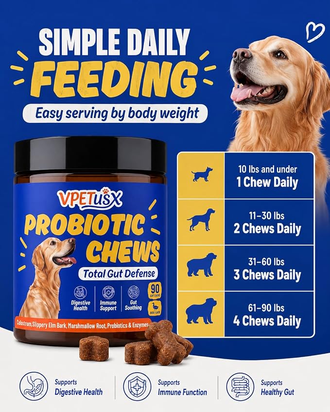 Advanced Dog Gut & Immune Support - Probiotics for Dogs Upset Stomach & Gas Relief with Pumpkin, Slippery Elm,Colostrum & Digestive Enzymes, (Duck Flavor 90 ct)