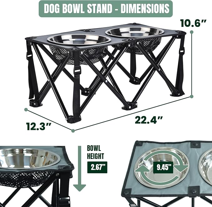 Foldable Camping Elevated Dog Bowl Stand – 10" Height Raised Dog Feeding Stand with 2 Stainless Steel Bowls 2.6" Depth – Portable Food and Water Bowl Set for Medium and Large Dogs – Black