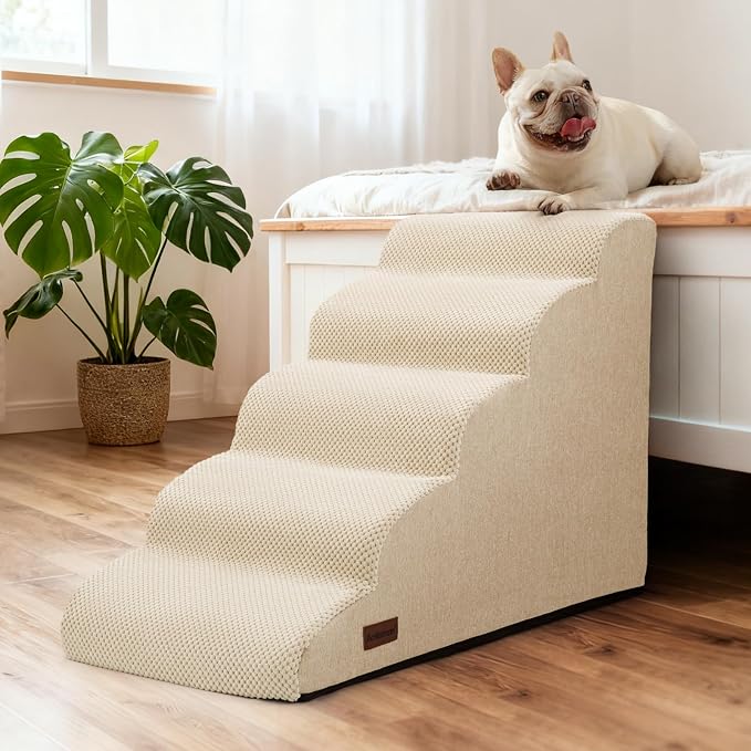 Aodisman Dog Stairs for Bed 22.4”H,5-Step Dog Ramp for Small Dogs & Cats,Pet Steps for Dogs to get on High Bed, Indoor Anti-Slip Pet Stairs for Old Cats and Puppy,Beige