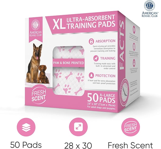 American Kennel Club Paw and Bone Print Training Pads for Dogs, 50 Count, 30" x 28" XL Fresh Scented, Absorbent Leak-Proof Dog Pee Pads in Box, Pink