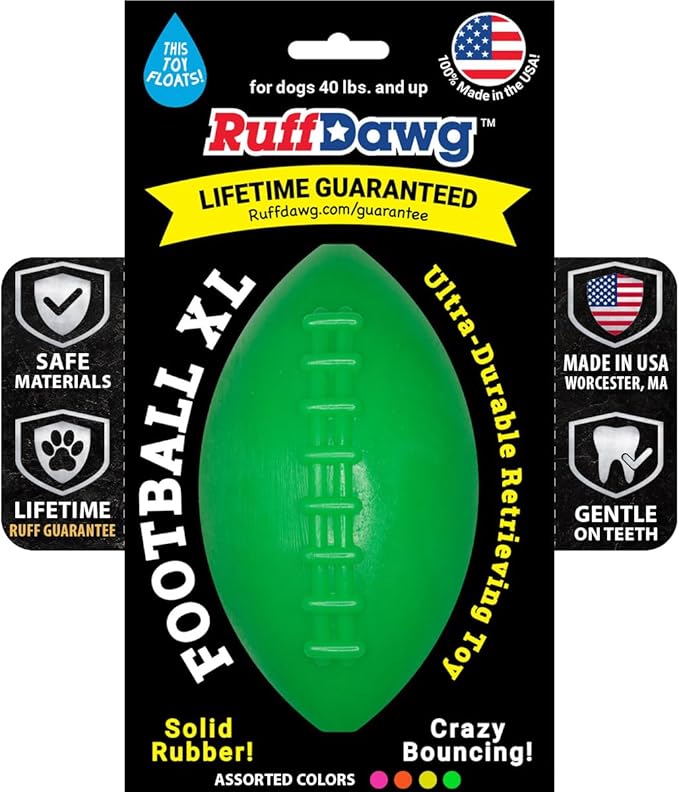 Ruff Dawg Indestructible Football XL 6” Green – Heavy-Duty Solid Rubber Dog Fetch Toy for Dogs 40 lbs & Up – Floats & Crazy Bounce – Made in USA