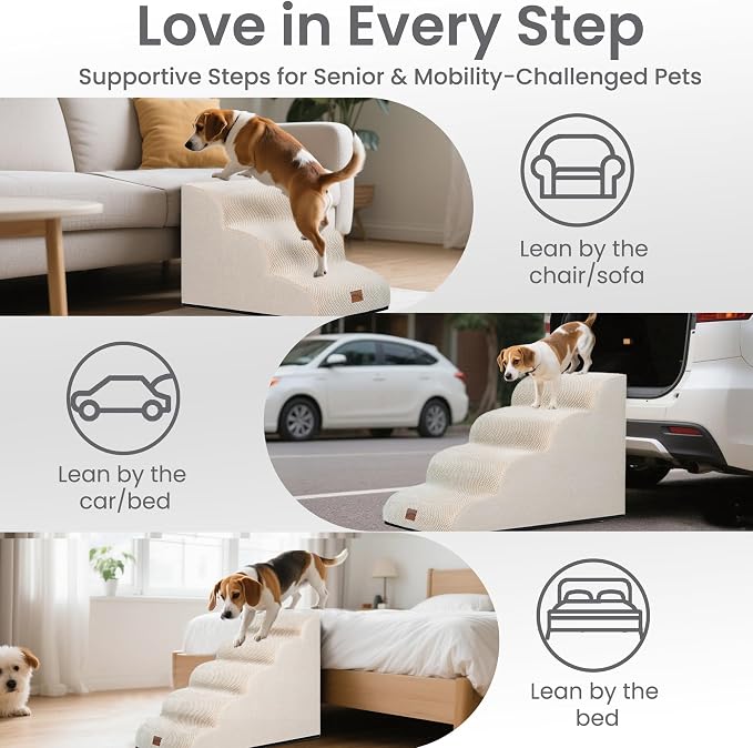 GoGoBunny Ramp Dog Stairs for Couch Sofa and Chair 11.8" H, 2-Step Pet Steps for Small Dogs and Cats, Non-Slip Waterproof Fabric Cover, Stable and Balanced Indoor Step, Pets Friendly, Beige