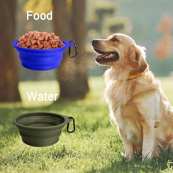 PetBonus Collapsible Dog Bowls, 2 Pack, Army Green, Blue