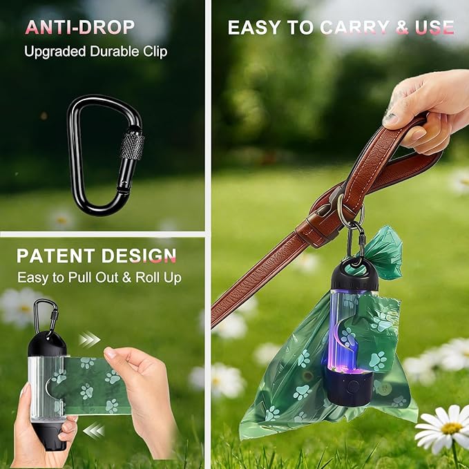 Dog Poop Bag Holder with Flashlight 7-Color, USB-C Rechargeable Poop Bag Displenser for Leashes, IPX6 Waterproof Anti-Slip Clip Pet Waste Bag Holder for Walking (1 Dispenser, 30 Bags)