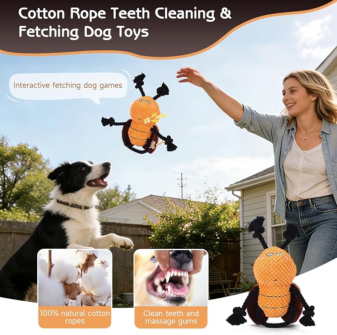 Yipetor Cockroach Squeaky Dog Toy, Puppy Rope Chew Toy for Medium Dogs | anti boredom, tug of war, machine washable, teeth cleaning, crinkle paper, plush toy, separation anxiety