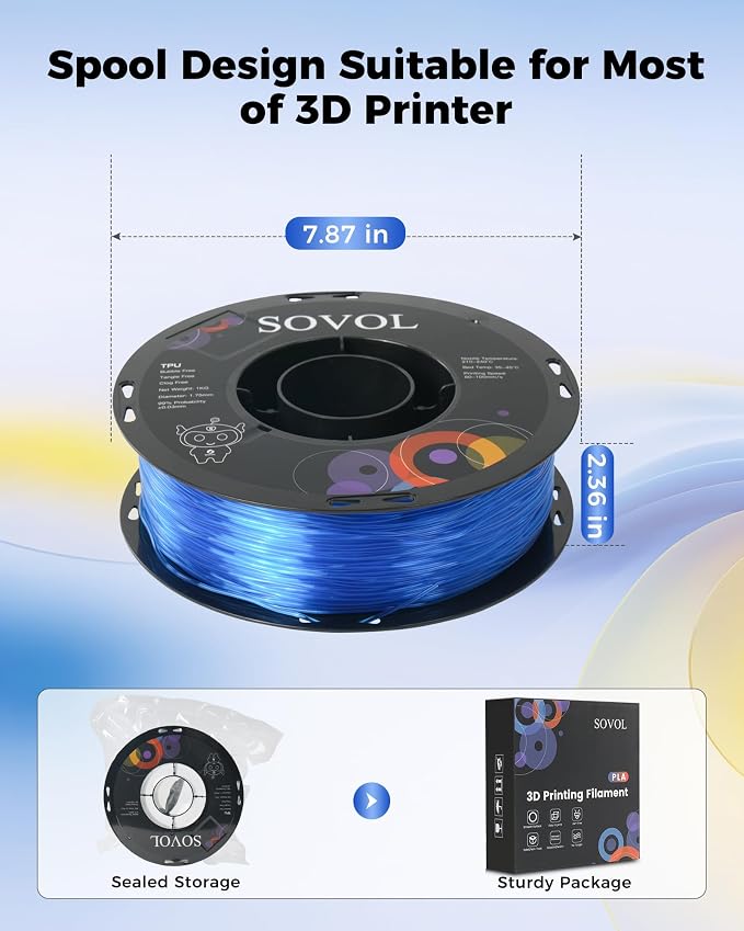 Sovol TPU Filament 1.75mm, 95A Soft TPU Flexible 3D Printer Filament with High Elasticity, 1kg (2.2lbs), Dimensional Accuracy +/- 0.03 mm, Fit Most FDM Printer, Clear Blue