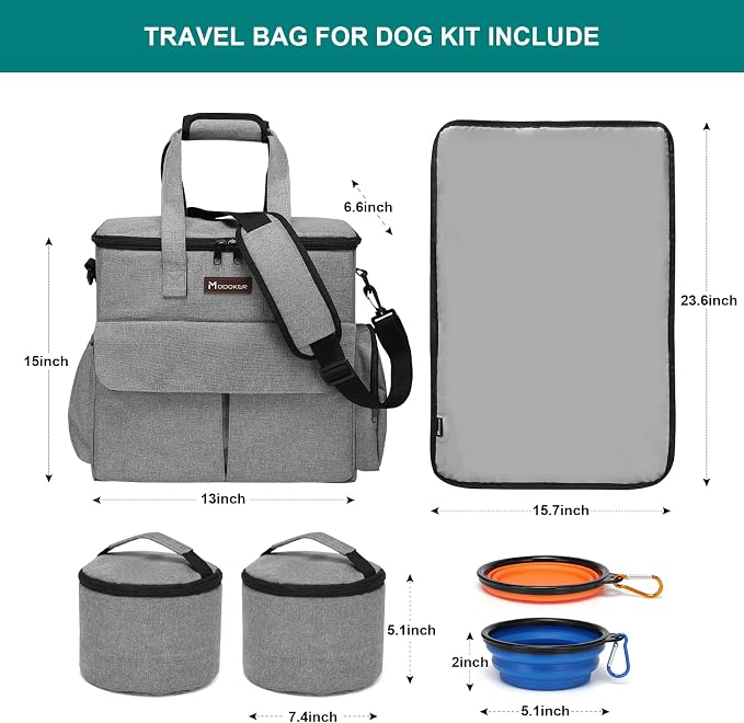 Modoker Dog Travel Bag Weekend Set with Food Containers & Bowls, Grey