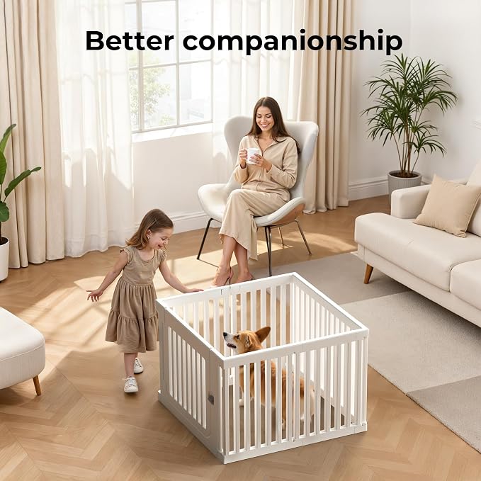 23.6" H Plastic Pet Playpen with Lockable Wide Door, 7 Panels Expandable Pet Fence with Portable Indoor/Outdoor, Easy Setup & Clean for Pets up to 22lbs or Baby (White)