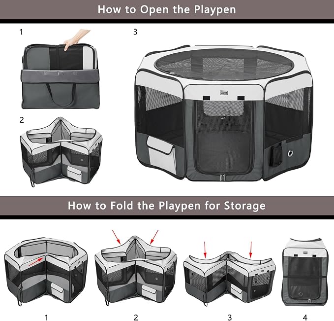 DONORO Dog Playpen Portable Pet Play Pens for Small Dog/Cat/Rabbit/Chicks, Cat Playpen Indoor/Outdoor with Carring Case, Removable Zipper Top and Bottom (Gray, Extra Large (55"x55"x30"), 8)