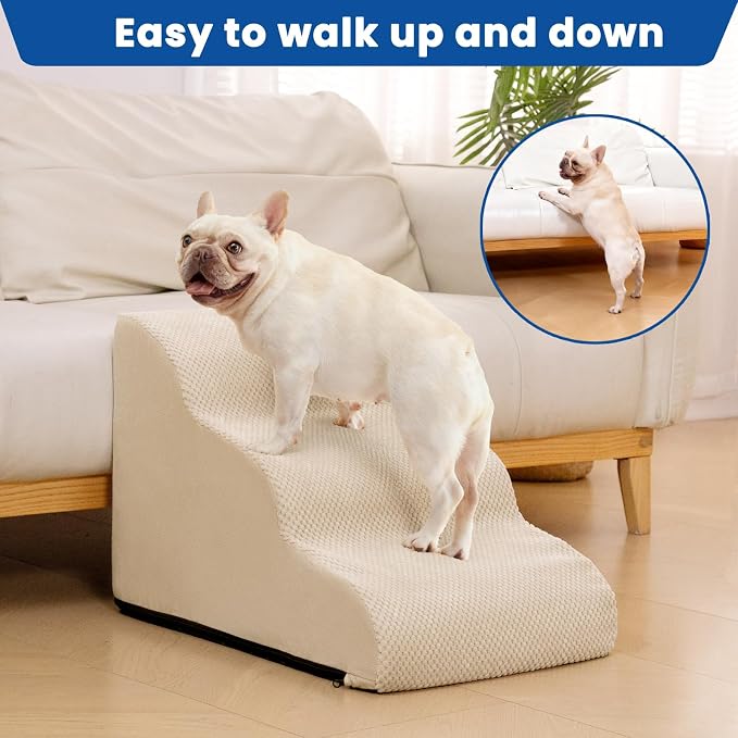 Airpanda Dog Stairs for Small Dogs and Cats – 3 Step Pet Ramp for Couch & Sofa, Non-Slip Dog Steps for Pets, Washable Cover, High-Density Support Foam for Easy Climbing,Beige