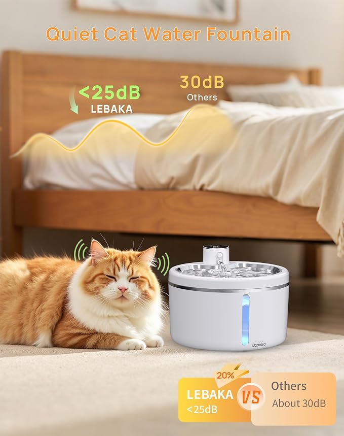 Wireless Cat Water Fountain [with Stainless Steel Tray], 102oz/3L Pet Fountain for Cats Inside, Cat Fountain for Drinking with Motion Sensor, Ultra Quiet for Small Animals-[BPA-Free] (102oz+2Filters)