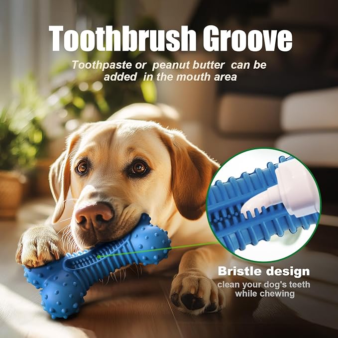 Dog toys for Aggressive Chewers Rubber- This Large, Tough and Heavy Bone with Natural Bacon Flavor are Excellent Dog Chew Toys for Large Dogs to Care Their Teeth Dental, Relief Boredom, Blue