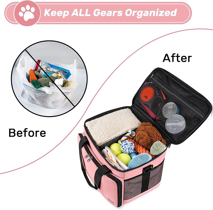 6-Set Dog Travel Bag with Bowls & Food Containers, Pink