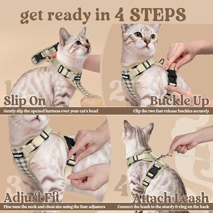 rabbitgoo Cat Harness and Leash Set, Escape Proof Vest, Foamy Coffee | Soft Breathable Mesh, Easy Adjustable Fit, Snap Buckles, Sturdy Clip, Reflective Strips, for Medium to Large Cats Walks, M