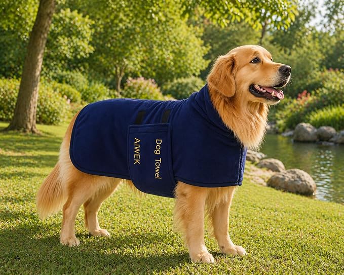 Dog Towel Dog Bathrobe, Microfiber Super Absorbent Pet Bathrobe for Dogs and Cats, Quick Drying Robe After Bath, Adjustable Collar & Belly Strap, Blue, M