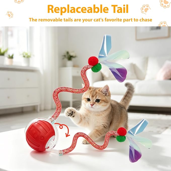 Interactive Cat Toys Ball for Indoor Cats, Automatic Self-Rolling, Motion-Activated, Bird Chirping Cats Dogs Ball Toy with Elastic Mesh Tail, Cat Enrichment Toys for Indoor Cats (Red)