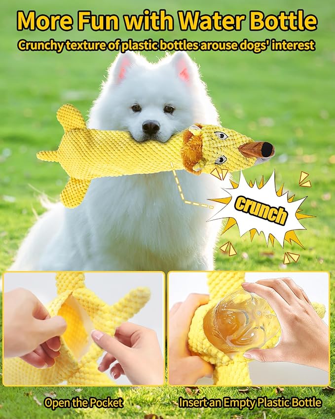 Dog Toys, Squeaky Plush No Stuffing Crinkle Dog Toy for Small Medium Large Dogs, Interactive Puppy Teething Water Bottle Dog Chew Toy (Lion)