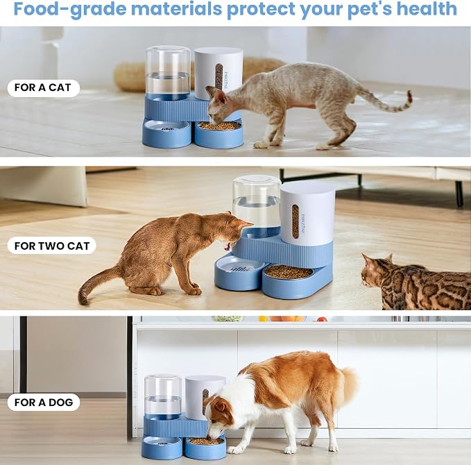 2 Pack Automatic Cat Feeder Stainless Steel Water Dispenser Gravity Food Feeder and Waterer Set with Pet Food Bowl for Small Medium Kitten Puppy Pets Large Capacity(Blue)