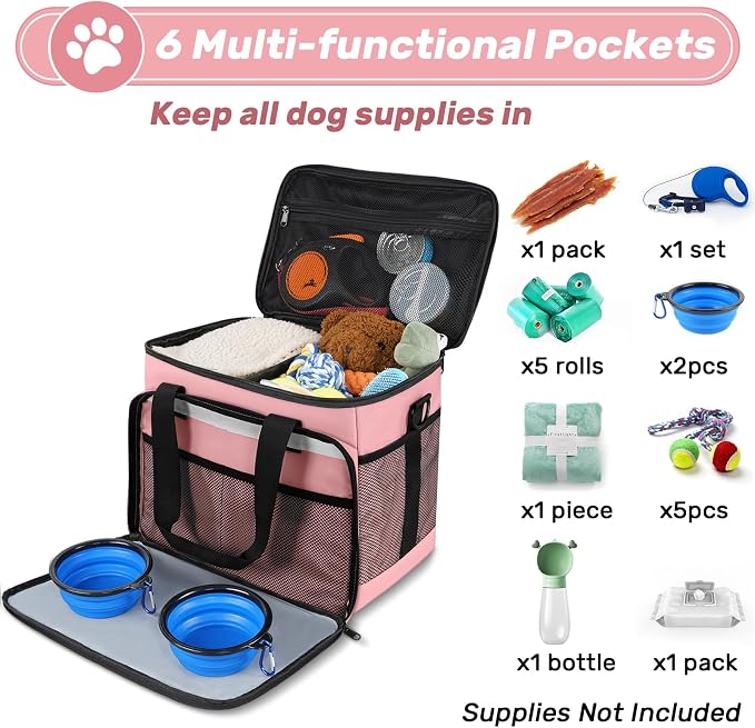 6-Set Dog Travel Bag with Bowls & Food Containers, Pink