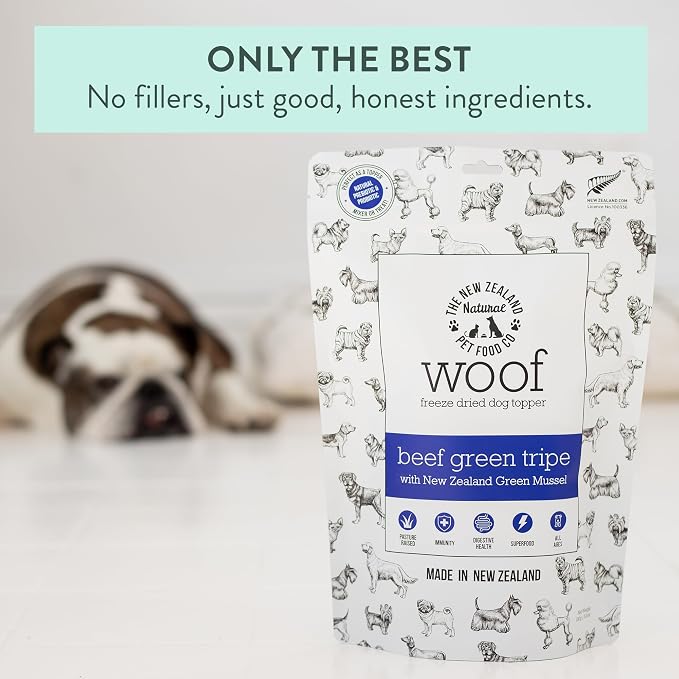 The New Zealand Natural Pet Food Co. WOOF Freeze Dried Dog Topper – Beef Green Tripe, High Protein, Digestive Support, Topper or Treat – 6.3 oz