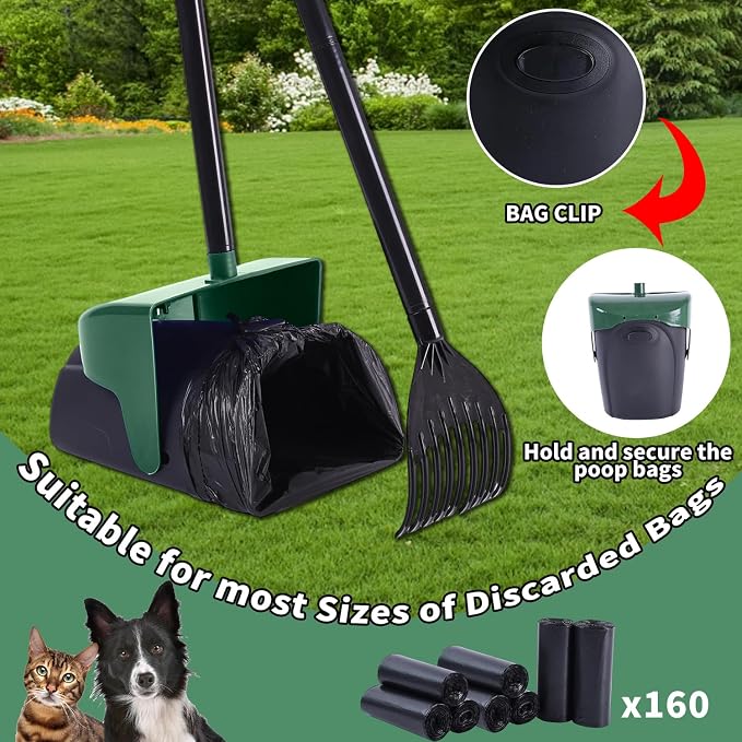 ienjoyed Pooper Scooper Large Swivel Bin & Rake with 160 Waste Bags,Heavy Duty Dog Pooper Scooper with Bag Attachment for Dogs, Long Handle Poop Scooper with Lid for Yard, Grass, Gravel(Dark Green)