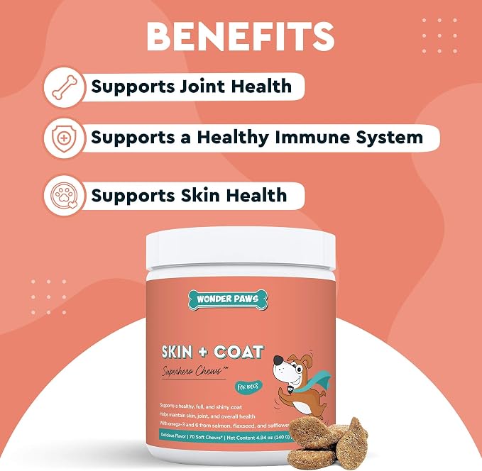 WONDER PAWS Skin + Coat Chews Plus Omega Max Fish Oil - for Dog Joint Health, Skin and Coat Care, & Immune System Support - Skin + Coat 70 Chews - Omega Max 16 Ounces