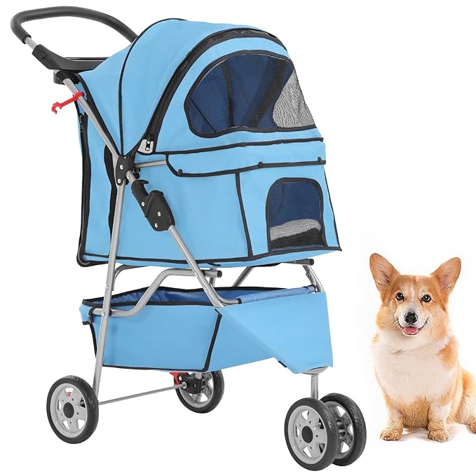 BestPet 3-Wheel Jogger Pet Stroller - Blue, Cup Holder & Removable Liner