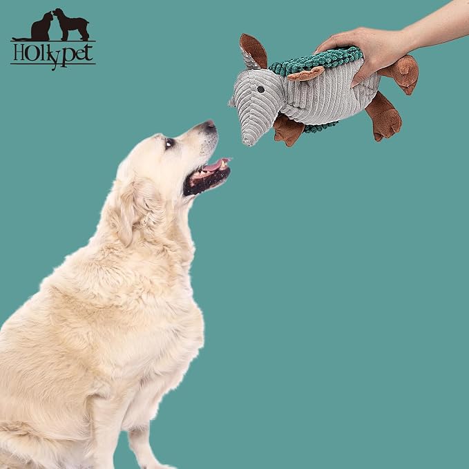 Hollypet Armadillo Squeaky Dog Toys for Medium Large Dogs, 10" | plush stuffed large dog squeak animal toy with unique grunt squeaker textured fabric for teeth cleaning toys