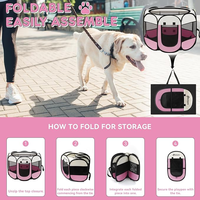 Dog Cat Playpen Indoor Outdoor for Puppy Pet Dogs Cat Recovery After Surgery, Dog Tent Crates Cage Indoor/Outdoor, Portable Pop Up Kennel with Carrying Case for Travel (Pink, Large)