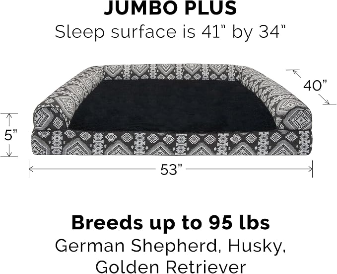 Furhaven Memory Foam Dog Bed for Large Dogs w/ Removable Bolsters & Washable Cover, For Dogs Up to 125 lbs - Plush & Southwest Kilim Woven Decor Sofa - Black Medallion, Jumbo Plus/XXL