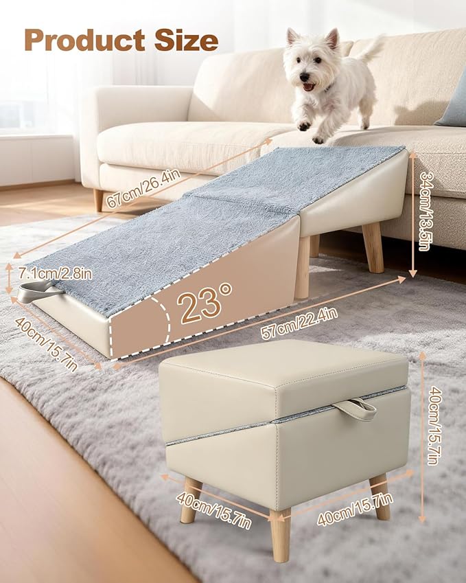 Dog Ramp for Couch Sofa and Low Bed, 15.7" W 2-in-1 Foldable Split Ottoman&Steps, Non-Slip Wooden Pet Stairs for Small Senior Injured Dogs & Cats, Grey