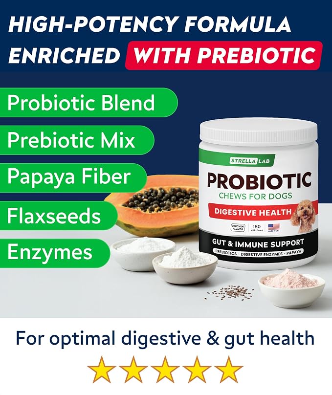 STRELLALAB Dog Probiotics Chews + Enzymes Gut Health Support