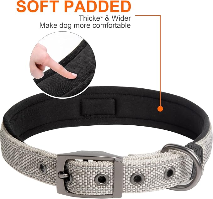 Fida Heavy Duty Dog Collar for Large Dogs with Metal Belt Buckle, Grey | Soft Neoprene Padded for Extra Comfort, Thicker Nylon Webbing, Adjustable Fit, Reflective Stitching for Night Safety
